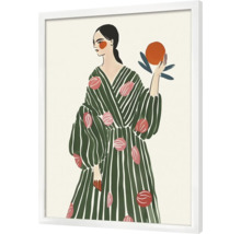 Gerahmtes Bild einer Frau mit gestreiftem Kleid und Frucht in der Hand als Wanddekoration