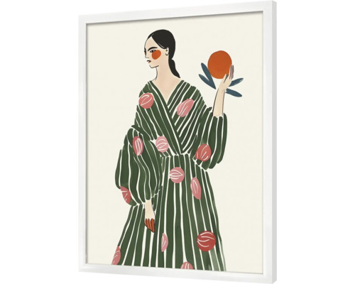 Gerahmtes Bild einer Frau mit gestreiftem Kleid und Frucht in der Hand als Wanddekoration