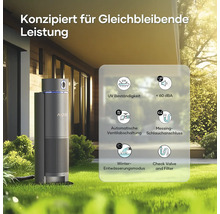 Aiper Produkt mit Hinweisen zu UV-Beständigkeit, Geräuschpegel unter 60 dBA, automatischer Ventilabschaltung, Messingschlauchanschluss, Winterentwässerungsmodus und Rückschlagventil mit Filter.