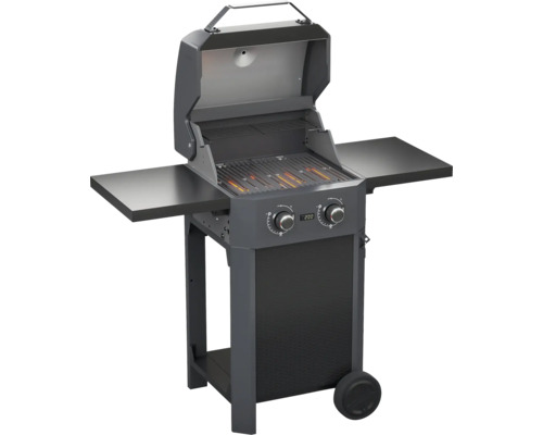 Barbecue à gaz avec deux brûleurs, tables latérales et roulettes
