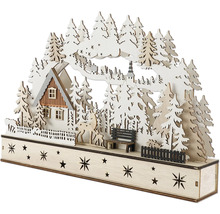 Dekorative Winterlandschaft aus Holz mit Haus, Bäumen und Sternen für stimmungsvolle Beleuchtung