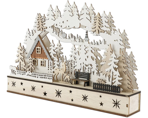 Dekorative Winterlandschaft aus Holz mit Haus, Bäumen und Sternen für stimmungsvolle Beleuchtung