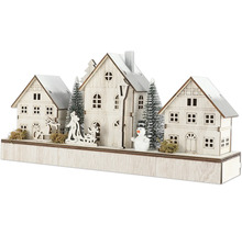 Scène de maison de Noël décorative avec maisons, arbres, bonhomme de neige, cheval et traîneau