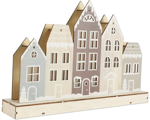 Dekorative Häuserreihe aus Holz für die Weihnachtszeit