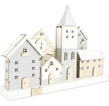 Dekorative Häusergruppe aus Holz mit Uhr