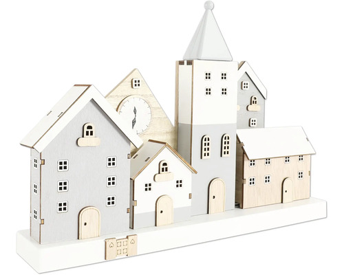 Dekorative Häusergruppe aus Holz mit Uhr