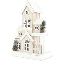 Dekoratives Holzhaus mit Verzierungen für die Weihnachtszeit
