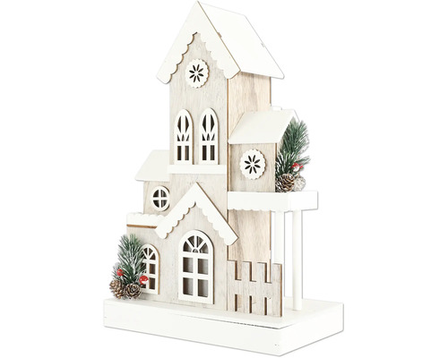 Dekoratives Holzhaus mit Verzierungen für die Weihnachtszeit