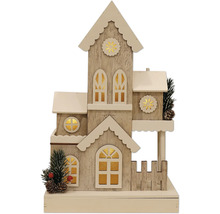 Dekoratives Holzhaus mit Fenstern und Zaun für die Weihnachtszeit