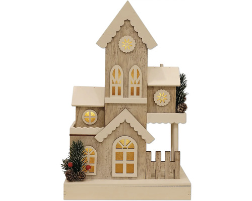 Dekoratives Holzhaus mit Fenstern und Zaun für die Weihnachtszeit