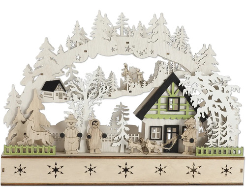 Dekorative Holzszene mit Haus, Bäumen und Figuren für die Weihnachtszeit