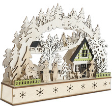 Weihnachtsdekoration aus Holz mit Winterszene und Beleuchtung