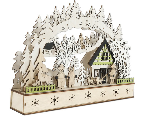 Weihnachtsdekoration aus Holz mit Winterszene und Beleuchtung