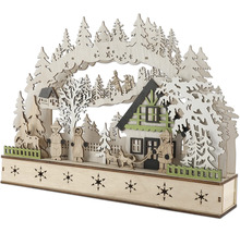 Dekorative Fensterbeleuchtung mit Winterdorfmotiv aus Holz