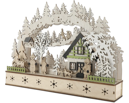 Dekorative Fensterbeleuchtung mit Winterdorfmotiv aus Holz