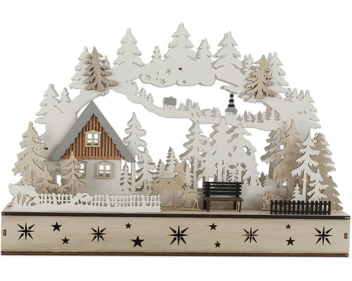 Dekorative Holzszenenleuchte mit Haus, Bäumen und Sternen für weihnachtliche Atmosphäre