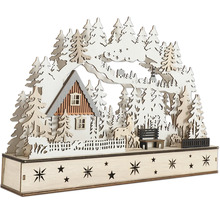 Dekorative Holzleuchte mit Winterlandschaft, Haus und Sternen