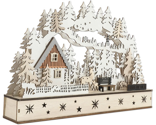 Dekorative Holzleuchte mit Winterlandschaft, Haus und Sternen