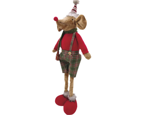 Souris décorative en tissu avec pantalon à carreaux, pull rouge, écharpe et bonnet