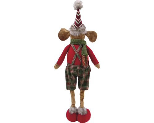 Figurine décorative d''élan avec bonnet, écharpe, bretelles et pantalon à carreaux comme décoration de Noël