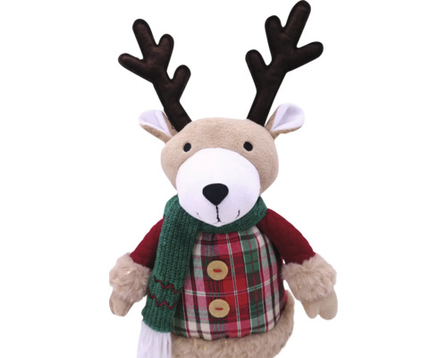 Figurine de renne en peluche avec écharpe et haut à carreaux comme décoration