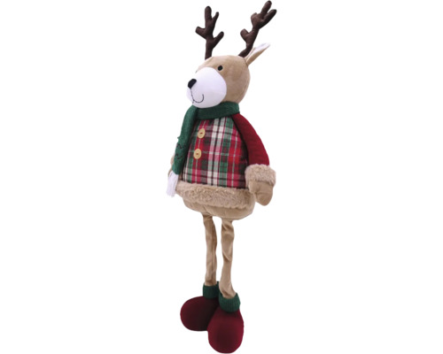 Élan décoratif en peluche debout avec écharpe et chemise à carreaux comme décoration de Noël