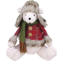 Ours en peluche avec bonnet, écharpe et chemise à carreaux