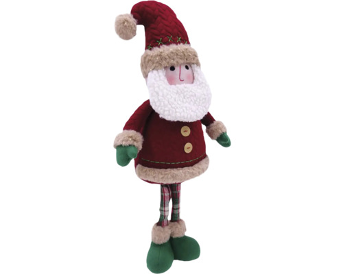 Weihnachtsmann Dekofigur mit roter Mütze, karierter Hose und grünem Schuhwerk.