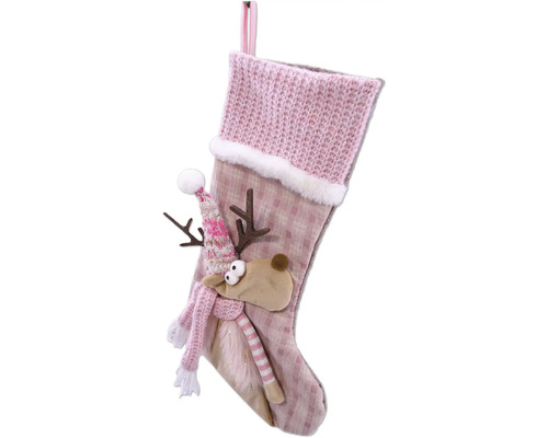 Chaussette de Noël avec application de renne et détails tricotés.