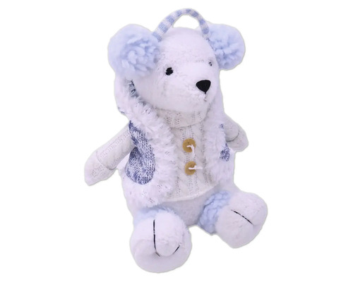 Ours en peluche avec cardigan et cache-oreilles comme décoration