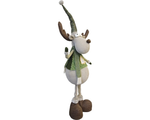 Dekorative Elchfigur mit Geweih, Schal und Mütze.