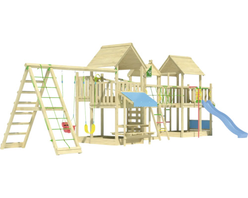 Balançoire double Tour de jeux avec échasses Jungle Gym 954 x 342 cm bois bleu Aire de jeux en bois avec balançoire, toboggan et structure d''escalade
