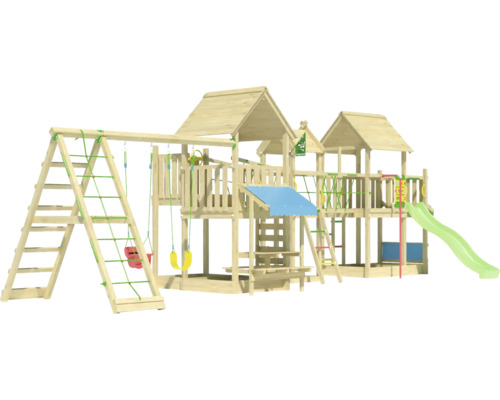 Balançoire double Tour de jeux avec échasses Jungle Gym 954 x 342 cm bois vert Aire de jeux en bois avec toboggan, balançoire et mur d''escalade