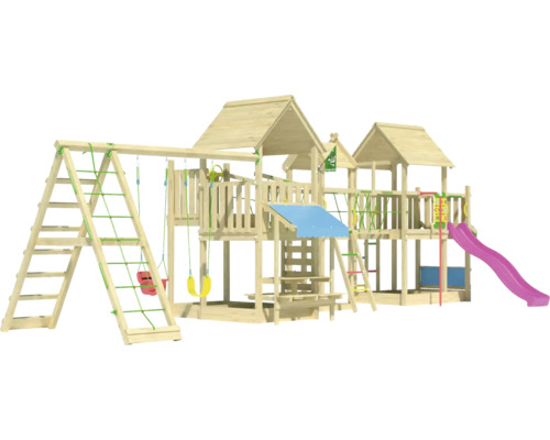Doppelschaukel Spielhaus mit Stelzen Jungle Gym 954 x 342 cm Holz fuchsia Holzspielplatz mit Schaukel, Rutsche und Klettergerüst für den Garten