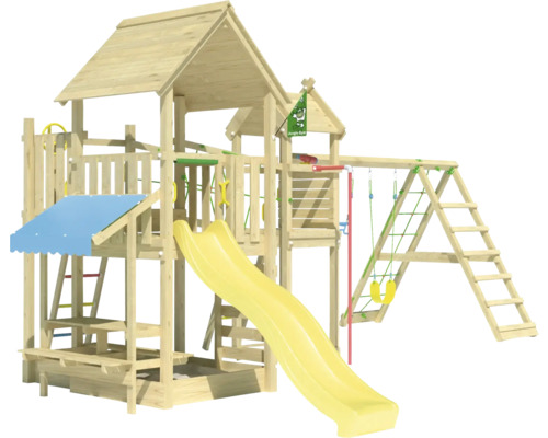 Balançoire double Tour de jeux avec échasses Jungle Gym 652 x 464 cm bois jaune Tour de jeu en bois avec toboggan, balançoire et mur d''escalade pour le jardin