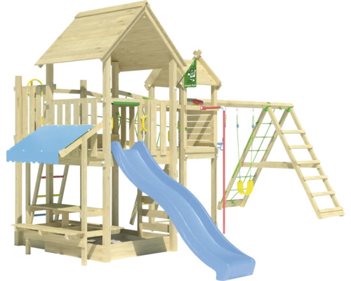 Balançoire double Tour de jeux avec échasses Jungle Gym 652 x 464 cm bois bleu Aire de jeux en bois avec toboggan, balançoire, mur d''escalade et bac à sable
