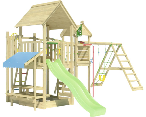 Balançoire double Tour de jeux avec échasses Jungle Gym 652 x 464 cm bois vert Tour de jeux avec toboggan, balançoire, mur d''escalade et bac à sable en bois