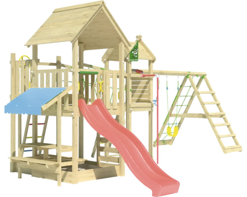 Balançoire double Tour de jeux avec échasses Jungle Gym 652 x 464 cm bois rouge Tour de jeu en bois avec toboggan, balançoire et structure d''escalade pour le jardin