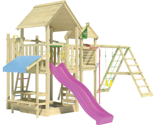 Balançoire double Tour de jeux avec échasses Jungle Gym 652 x 464 cm bois fuchsia Tour de jeux en bois avec toboggan, balançoire et échelle d''escalade pour le jardin