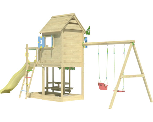 Balançoire double Tour de jeux avec échasses Jungle Gym 678 x 265 cm bois jaune Tour de jeu avec balançoire et toboggan en bois
