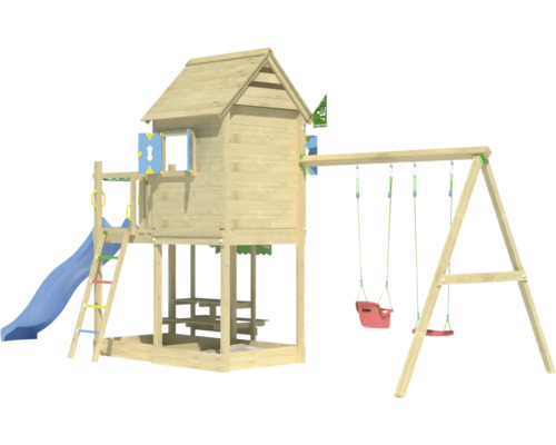 Balançoire double Tour de jeux avec échasses Jungle Gym 678 x 265 cm bois bleu Tour de jeux avec balançoire et toboggan pour l''extérieur