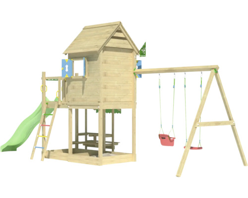 Balançoire double Tour de jeux avec échasses Jungle Gym 678 x 265 cm bois vert Aire de jeux avec tour, toboggan et balançoire en bois