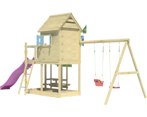 Balançoire double Tour de jeux avec échasses Jungle Gym 678 x 265 cm bois fuchsia Aire de jeux avec cabane, toboggan et balançoire en bois