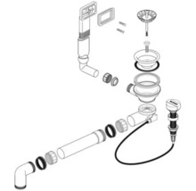 Schéma éclaté d'un ensemble de vidange d'évier avec divers tuyaux, joints et un clapet à panier