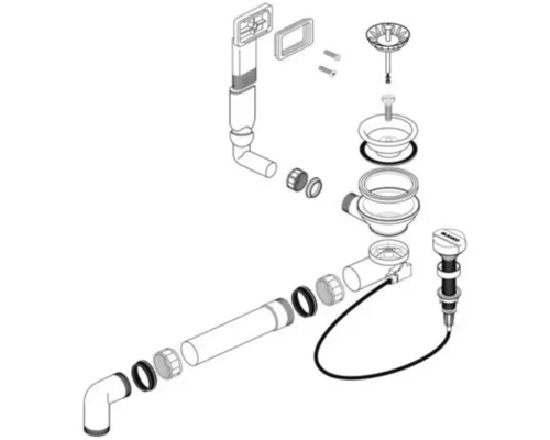 Schéma éclaté d'un ensemble de vidange d'évier avec divers tuyaux, joints et un clapet à panier