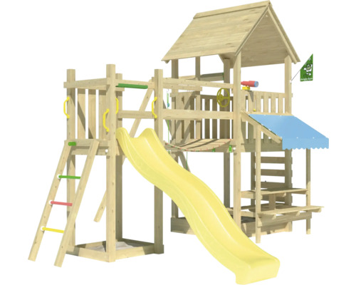 Balançoire simple Tour de jeux avec échasses Jungle Gym 434 x 479 cm bois jaune Aire de jeux avec toboggan, échelle d''escalade et cabane
