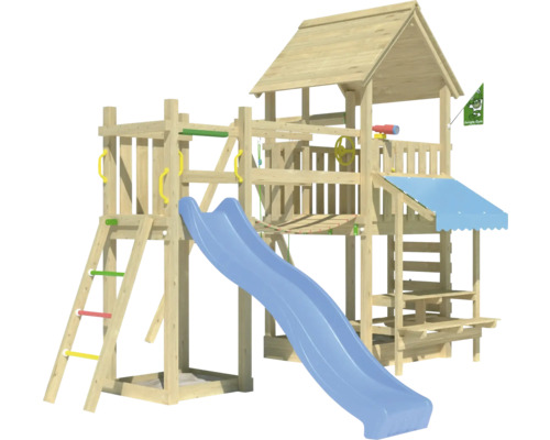Balançoire simple Tour de jeux avec échasses Jungle Gym 434 x 479 cm bois bleu Aire de jeux en bois avec toboggan et tour de jeux