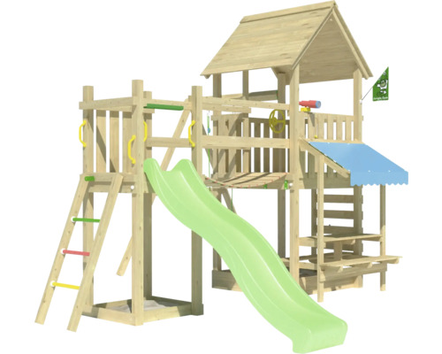 Balançoire simple Tour de jeux avec échasses Jungle Gym 434 x 479 cm bois vert Tour de jeu en bois avec toboggan, échelle, échelle de corde et toit