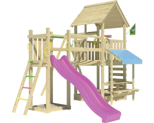 Balançoire simple Tour de jeux avec échasses Jungle Gym 434 x 479 cm bois fuchsia Tour de jeux en bois avec toboggan, mur d''escalade et cabane