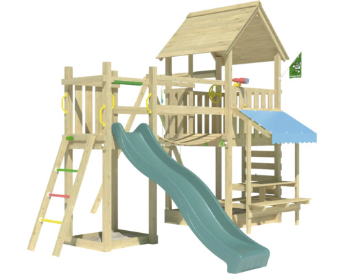 Balançoire simple Tour de jeux avec échasses Jungle Gym 434 x 479 cm bois vert foncé